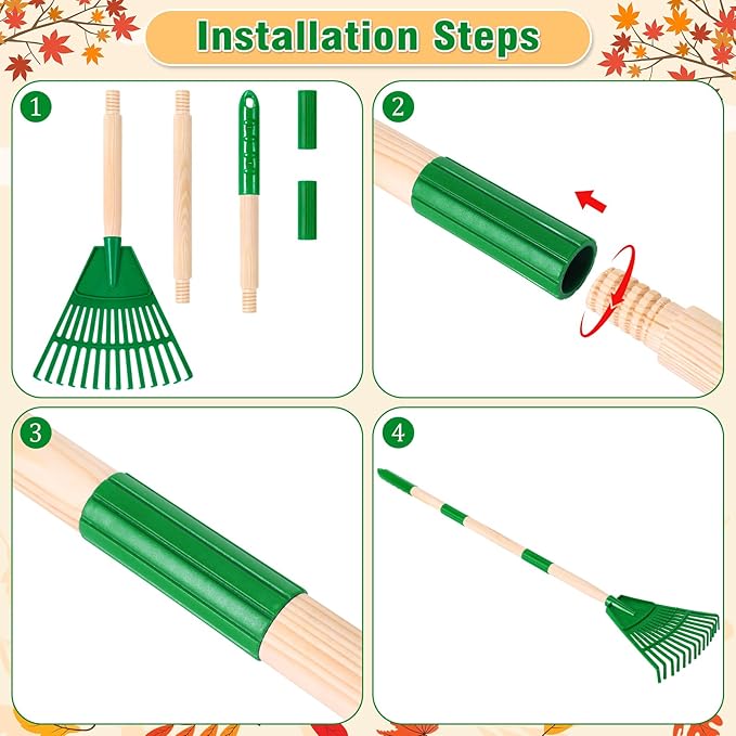 2 Pcs 35'' Kids Rakes for Leaves - Plastic Rake Head with 2 Pairs Kids Gloves, Small Kids Lawn Rakes Detachable Wooden Handle, Autumn Garden Tool Set for Kids Boys and Girls, Green, 3yr+