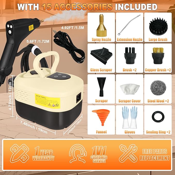 15-IN-1 Handheld Steam Cleaner【2800W Powerful Motor】【6 Level Pressure Steam - 4 BAR High Pressure】with Handle Control Button Cleaner for Home, Car, Kitchen - White