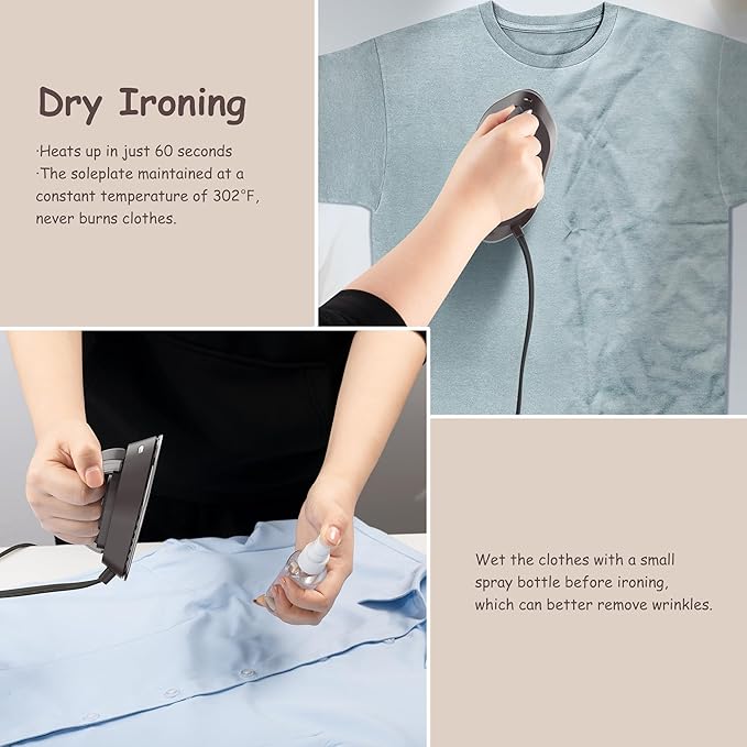 Newbealer Travel Iron with Global Voltage, 100-240V Mini Dry Iron for Clothes (No Steam), Max 300W, 60s Heat Up, 302℉ Non-Stick Ceramic Soleplate, 0.8lbs Ultra-Lightweight (Brown)