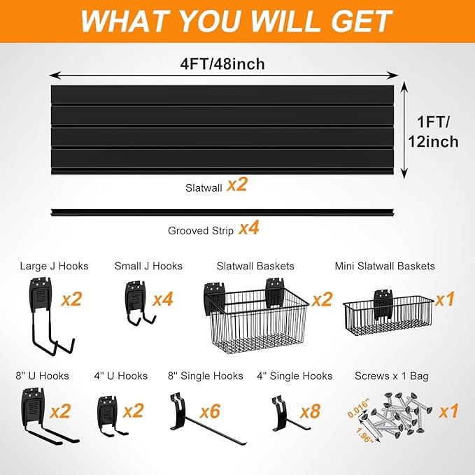 DoCred Slatwall Paneling Organizer, 4x2 FT PVC Garage Slat Wall Storage Systems, Heavy Duty Mounted Slat Peg Board for Tool Organization Ladder Bike Includes 27 PCS Hooks Accessories Kit (Black)