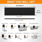 DoCred Slatwall Paneling Organizer, 4x2 FT PVC Garage Slat Wall Storage Systems, Heavy Duty Mounted Slat Peg Board for Tool Organization Ladder Bike Includes 27 PCS Hooks Accessories Kit (Black)