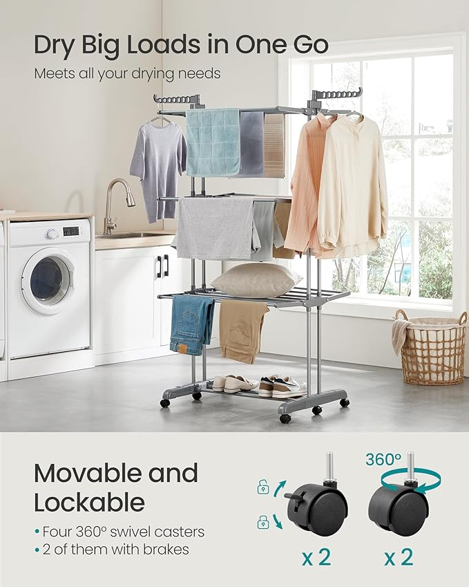 SONGMICS Clothes Drying Rack 4-Tier, Foldable Laundry Drying Rack 68.1-Inch Tall, Stainless Steel, Rolling Clothes Horses, Clothes Airer, Indoor Outdoor Use, Dove Gray ULLR703G01