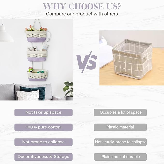 danpinera Over the Door Hanging Baskets for Organizing, 3-Tier Hanging Wall Basket for Storage, Woven Cotton Rope Baskets Storage Decorative for Nursery, Bedroom, Living Room, Kitchen, White & Violet