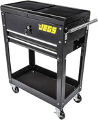 JEGS Heavy-Duty Tool Box Cart | 220 LBS Capacity | Uses Four 4” Caster Wheels | Includes 2 Keyes and 6 Drawer Liners | Black with JEGS Logo | 2 Locking Drawers | Sliding Top
