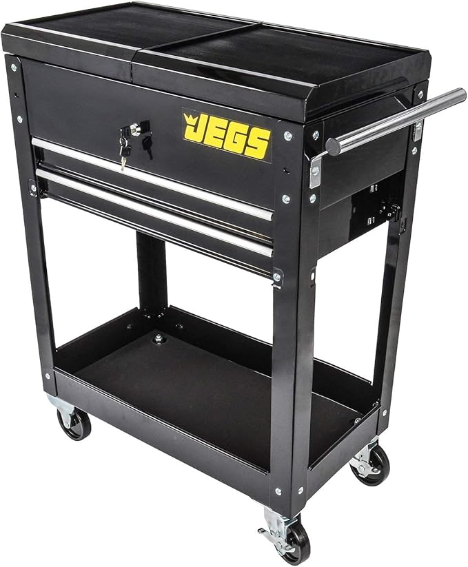 JEGS Heavy-Duty Tool Box Cart | 220 LBS Capacity | Uses Four 4” Caster Wheels | Includes 2 Keyes and 6 Drawer Liners | Black with JEGS Logo | 2 Locking Drawers | Sliding Top