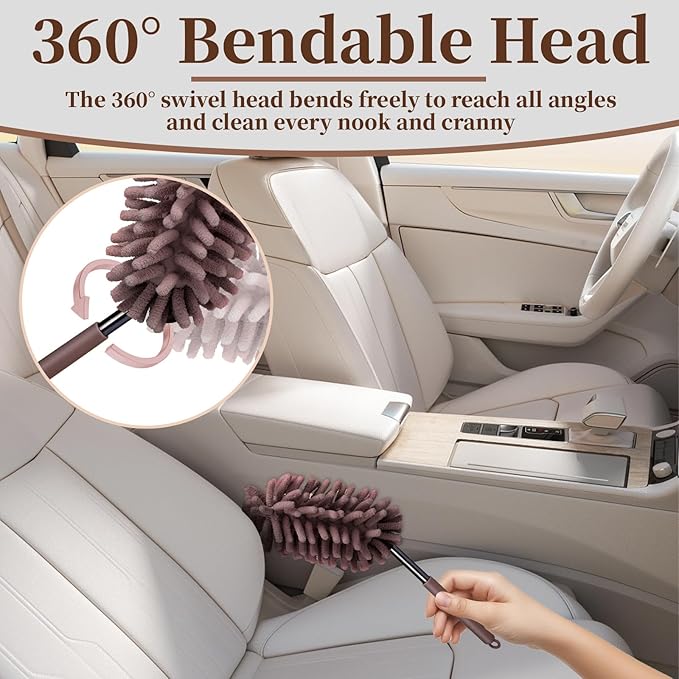 2 PCS Car Interior Duster with Extension Pole, Microfiber Car Dusters with Bendable Head, Cars Duster Exterior&Interior Scratch Free, for Cleaning of Vehicle Details, Offices, Window, Furniture(Brown)