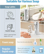 Automatic Foaming Soap Dispenser 12.8oz, Rechargeable & 6 Levels Foaming Adjustable with Digital Display, Wall Mount, Waterproof, Touchless Hand/Dish Soap Dispenser for Kitchen, Bathroom, Hotel