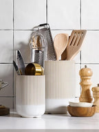 LE TAUCI Utensil Holder for Kitchen Counter, 7.3"+5.4" Fluted Ceramic Utensil Crock Organizer for Countertop, Heavy Large Holder for Spatulas, Spoons, Set of 2, Warm White Glaze