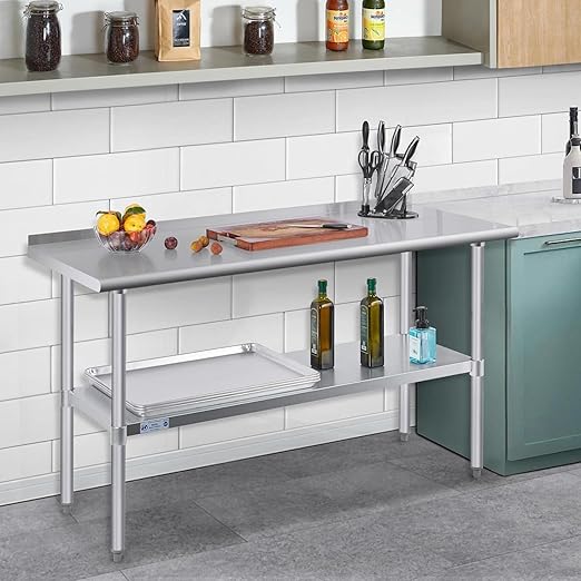 Hally Sinks & Tables H Stainless Steel Table for Prep & Work 24 x 60 Inches, NSF Commercial Heavy Duty Table with Undershelf and Backsplash for Restaurant, Home and Hotel