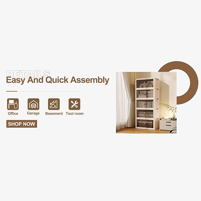 SAILUN 136Gal/543Qt Stackable Storage Bins Folding Collapsible Storage Bins with Lid, Closet Organizers and Storage Box with Door Beige 26" W x 17" D x 71" H