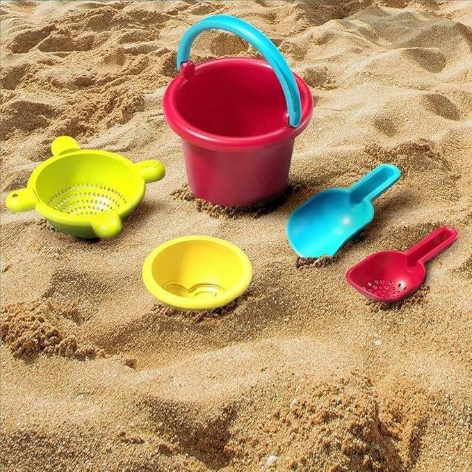 HABA Sand Toys Basic Set - 5 Piece Bundle with Plastic Pail, Sieve, Mold, Scoop and Sifting Shovel Sized just for Toddlers Ages 18 Months +
