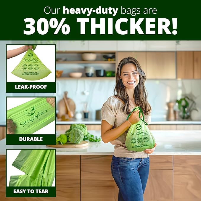 3 Gallon Compostable Trash Bags Liners Drawstring, Heavy Duty Extra Thick 1 Mil, 11.36 Liter, 50 Bags, Small Kitchen Food Scrap Waste Bag, ASTM D6400, US BPI and OK Compost Home Certified