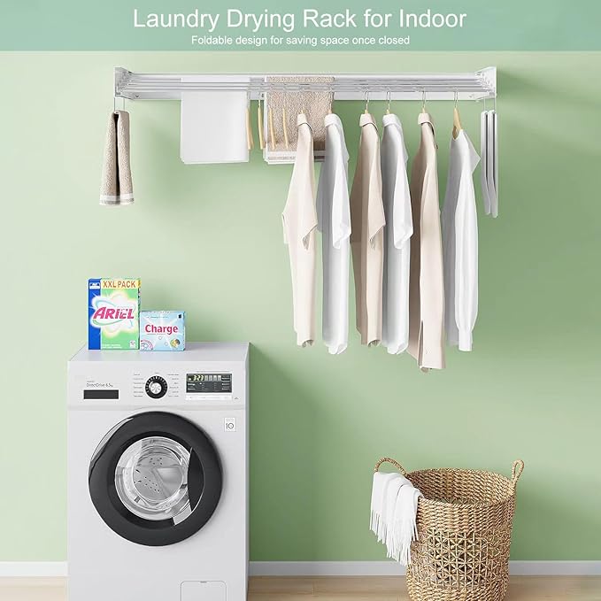 Wall Mounted Laundry Rack, Collapsible Clothes & Towel Drying Rack for Indoor & Outdoor, 60 lb Capacity, 31.5' Wide, 13.5 Linear Ft, White