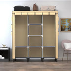 Portable Wardrobe with 10 Storage Racks and 2 Hanging Poles 6 Side Pockets Fleece Cover, Size 130 x 45 x 172 cm, Bedroom Closet Organizer (Beige)