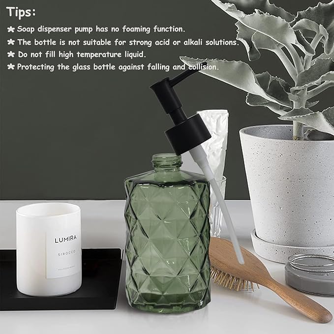 Green Glass Soap Dispenser with Black Plastic Pump, 12oz Refillable Liquid Hand Soap Dispenser, 2 Pack Crystal Lotion Bottle for Modern Home Decor, Bathroom, Kitchen Countertop, Hotel