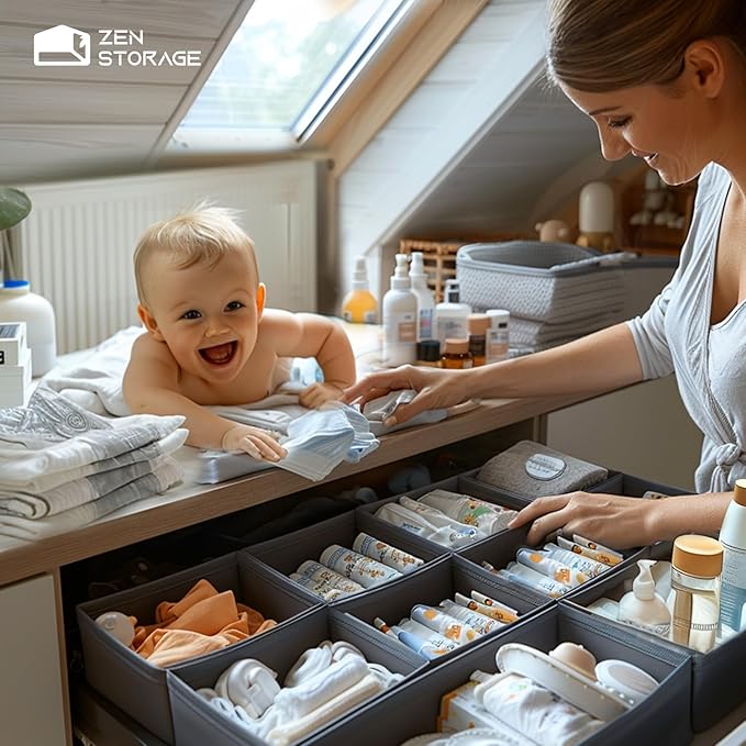 Sturdy Drawer Organizers (24-Pack) - Fabric Dresser Drawer Organizers & Dividers for Nursery Organization, Baby Organizers and Storage for Clothes, Socks & Underwear, Grey