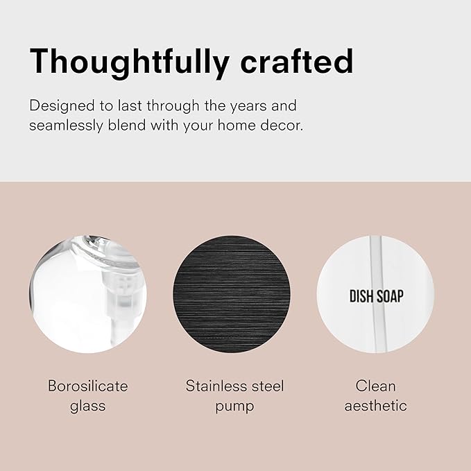 Public Goods Glass Dish Soap Dispenser Pump for Kitchen Sink | Liquid Dish Soap Refill Bottle | Made with Clear Borosilicate Glass and Black Stainless Steel | 16 Oz Dispenser