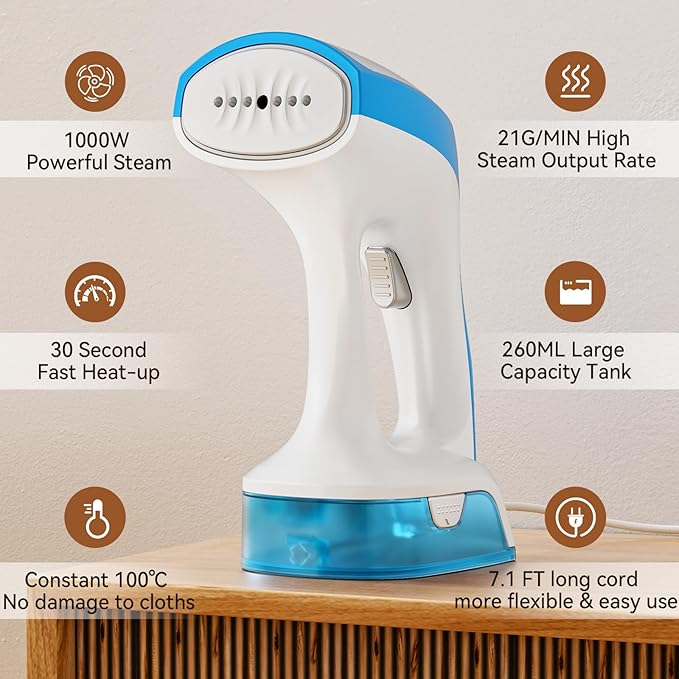 Portable Handheld Garment and Fabric Steamer 1000 Watts, PortableSteamer for Clothes,Quick Heat Aluminum alloy plate Steam Nozzle, 30s Fast Heat-up, 260ml Big Water Tank