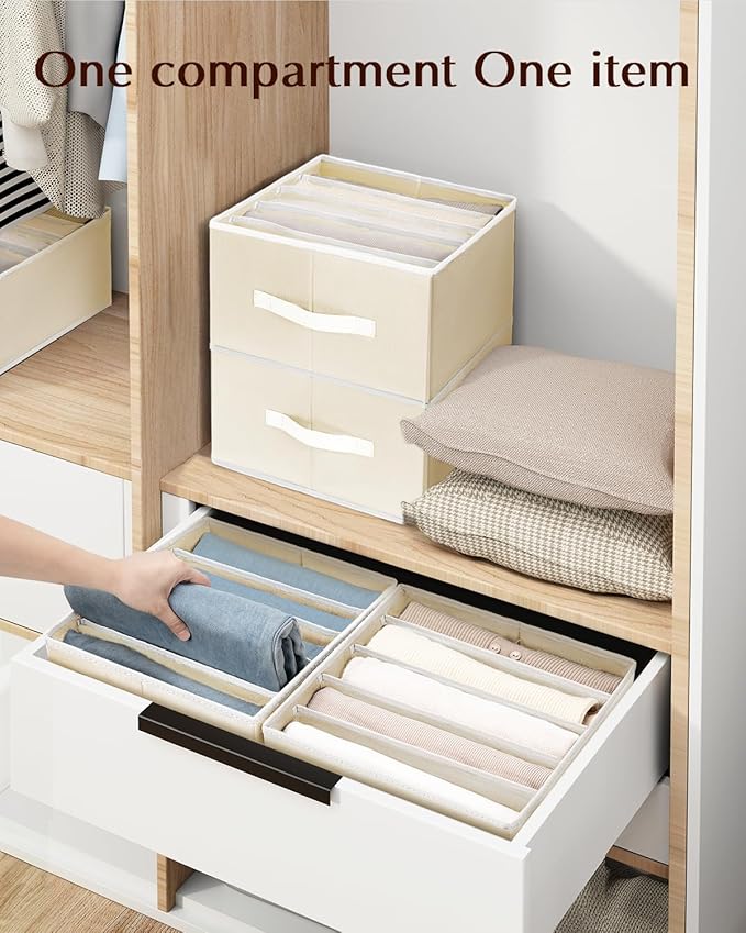 Clothes Organizers and Storage - Fabric Jeans Organizer with Handles, Foldable Drawer Dividers for Clothes, Closet Shelf Organizer for Shirts, Bra, Sweater, Scarf, 6 Pack, Pale Yellow