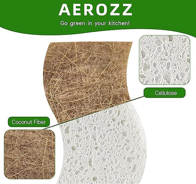 10 Pack Biodegradable Natural Sponges Kitchen - Compostable Cellulose and Coconut Walnut Scrubber Sponge - Non Scratch Eco Friendly Quick Drying Sponges for Dishes