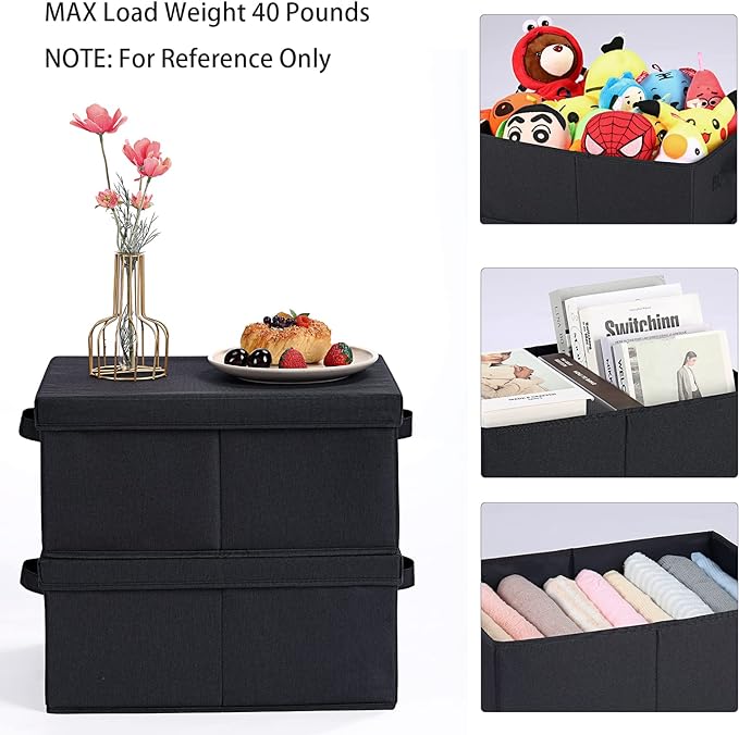 HOONEX Storage Bins with Lids for Organizing, Pack of 2, Storage Boxes with 2 Carrying Handles and Sturdy Heavy Cardboard, 16.5" L x 11.8" W x 7.5" H for Shoes, Books, Clothes, Black