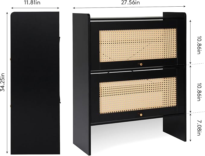 Netsatr Shoe Cabinet with Doors, 5-Tier Shoe Storage Cabinet with Adjustable Shelves, Shoes Rack Organizer Cabinet, Boho Rattan Farmhouse Storage Cabinet for Entryway, Hallway, Front Door, Black