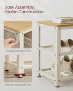 VASAGLE, 3-Tier Shoe Rack, Shelf Storage Bench with Metal Mesh Shelves and Seat, Free Standing Shoe Organizer for Entryway, 11.8 x 28.7 x 17.7 Inches, Oak Beige and Classic White ULBS073W09