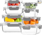 HOMBERKING 8 Pack Glass Food Storage Containers with Lids, Meal Prep Containers, Airtight Bento Boxes with Leak Proof Locking for Microwave, Oven, Freezer and Dishwasher, BPA Free, 5-35oz