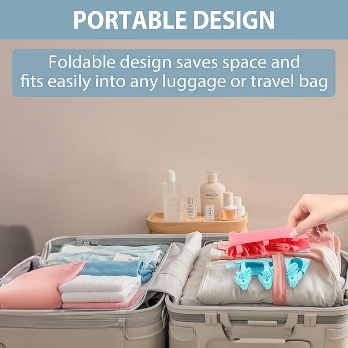 TamBee Portable Hanger Clips Travel Clothesline Travel Hangers Towel Drying Rack Clothing Hanger Folding Portable Sock Dock Swimsuit Drying Rack Hanger with 6 Clips Pack of 3 (Blue)