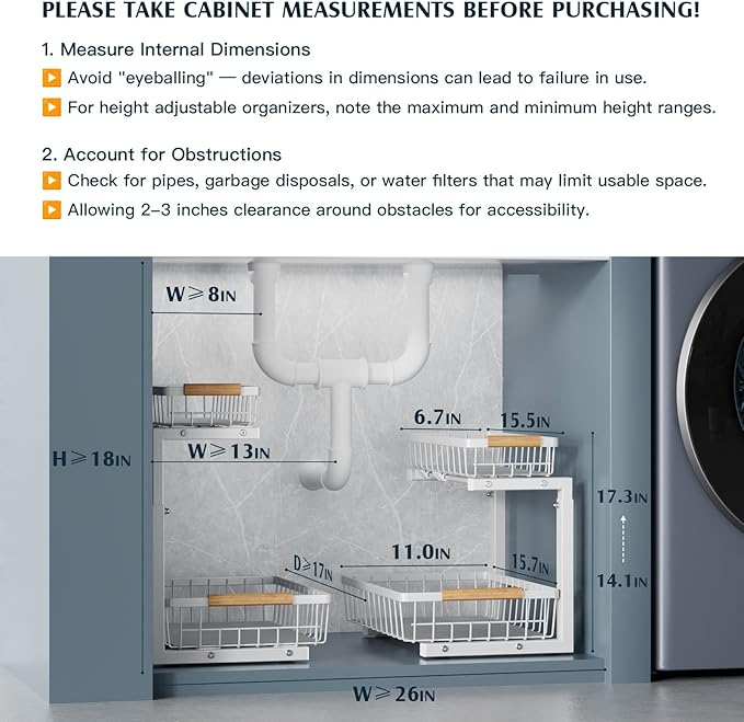 2 Pack Under Sink Organizers and Storage, Height Adjustable Cabinet Organizer Pull Out Drawer, 2 Tier Metal Under Kitchen Bathroom Sink Organizer, White, VF-JT01-WH