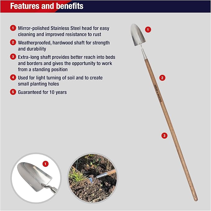 Spear & Jackson Stainless Steel Long-Handled Trowel, Durable Gardening Tool with Ergonomic Handle for Effortless Digging