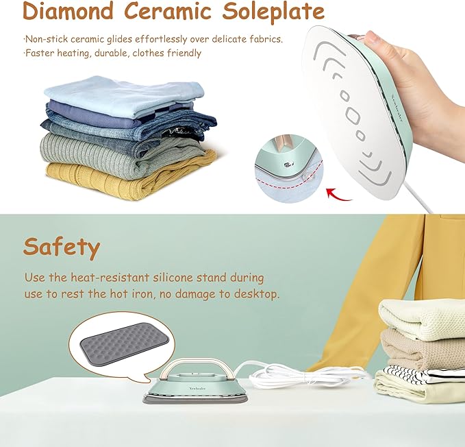 Newbealer Travel Iron with Global Voltage, 100-240V Mini Dry Iron for Clothes (No Steam), Max 300W, 60s Heat Up, 302℉ Non-Stick Ceramic Soleplate, 0.8lbs Ultra-Lightweight (Green)