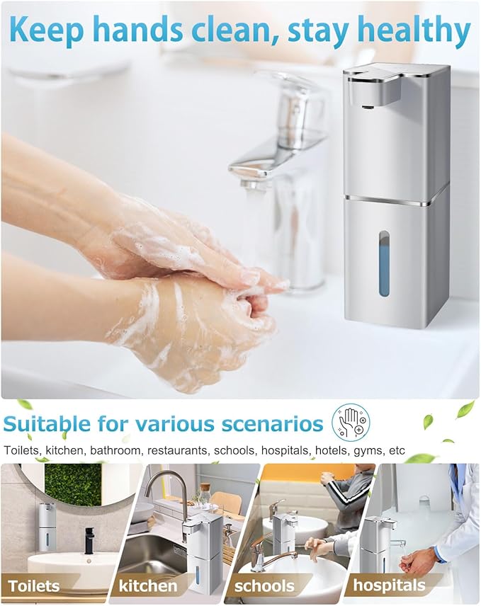 Automatic Foaming Soap Dispenser Touchless 380ml/12.8oz Rechargeable Hand Soap Dispenser Wall Mounted 4 Levels Adjustable Foam Soap Pump for Bathroom Kitchen Dish Soap