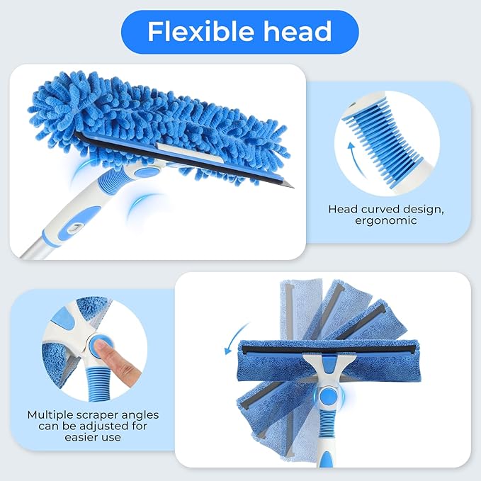 Window Squeegee Cleaner,2 in 1 Shower Squeegee with Extension Pole,92” Extendable Window Cleaning Kit with Bendable Head,Glass Cleaning Tools for Indoor Outdoor High Windows,Car Windshield