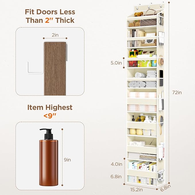 Over The Door Organizer, 8 Shelf Door Hanging Organizers with 8 Large Capacity Pockets, Back of Door Organizer Storage Hanging Shelves for Closet Bathroom Bedroom Nursery