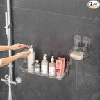 Acrylic Clear Shower Caddy Soap Dish 2pack Large Size 16.8"L 4.7"W 5.9"H Acrylic Shelves No Need To Drill Wall Adhesive Shelves With Self-Adhesive Tape For Bathroom Kitchen Rv(Shower Caddy L)