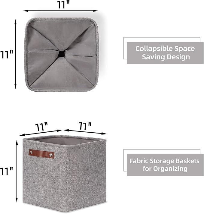 HNZIGE Collapsible Storage Basket,(4Pack) Cube Storage Baskets for Organizing Shelves,Fabric Baskets for Storage,11x11 Storage Basket for Dog Toys,Closet,Book,Clothes Storage with Handles(Grey)