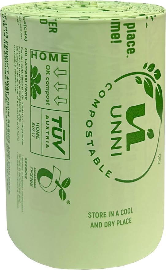 UNNI Compostable Trash Bags, 13 Gallon / 49.2 Liter, 100 Count, Extra Thick 0.9 Mil Tall Kitchen Food Scrap Bin Liners, Certified by BPI, CMA & OK compost HOME, Meets the ASTM D6400 Standard