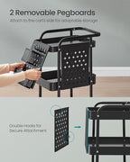 SONGMICS 3-Tier Storage Cart, Rolling Utility Cart, Metal Mesh Shelves, 2 Removable Pegboards, 2 Hanging Holders, 4 Hooks, Craft Cart for Living Room, Kitchen, Office, Bathroom, Ink Black ULRC037B01