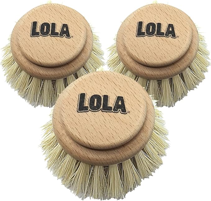 Lola Products Replacement Heads for The Original Pot & Pan Brush, Brass Wire & Tampico Bristles, Birch Hardwood, Heavy Duty Cleaning - 3 Pack
