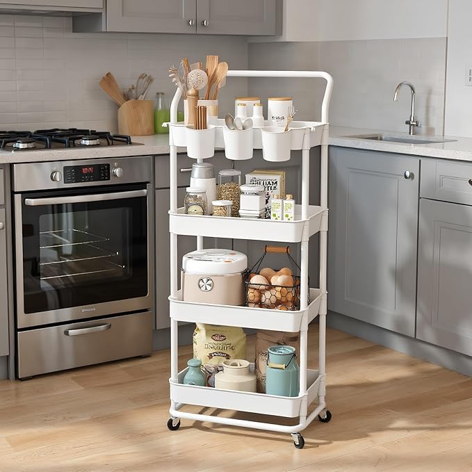 Buzowruil 4-Tier Rolling Utility Cart, Storage Cart with Handle Multi-Purpose and Locking Wheels,with Hanging Basket and Hook for Office, Kitchen, Bathroom,White