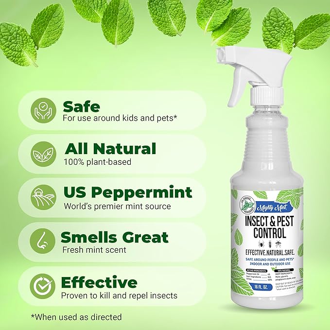 Mighty Mint Peppermint Oil Insect Repellent Spray – Natural Indoor & Outdoor Bug Control for Spiders, Ants, Roaches, and More – Plant-Based, Extra-Strong Formula - 16 oz