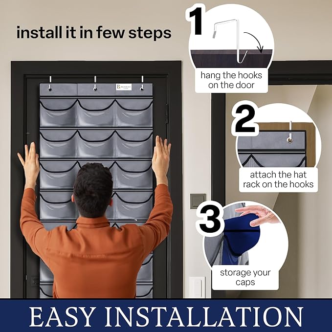 Brandland Hat Organizer for Baseball Caps – 27 Clear Pockets Over-the-Door Rack – Space-Saving Cap Holder Organizer for Hats, Visors, and Accessories – Gray