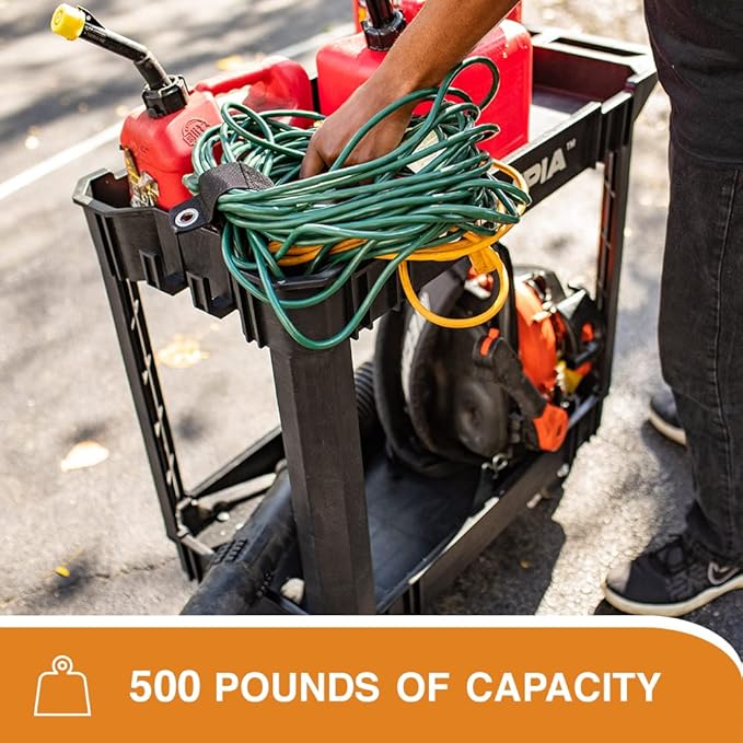 Olympia Tools 2 Shelf Black Rolling Utility Cart - Supports Up to 500 lbs, Comfort Handle - Heavy Duty Carts With Wheels - Great for Warehouse, Garage, Manufacturing, Cleaning