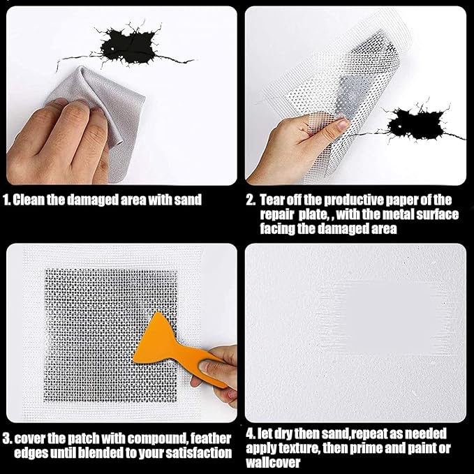 16 Pcs of 4 Sizes Aluminum Drywall Repair Patch Kit Self Adhesive Fiberglass Screen Mend Tools for Metal Sheetrock Ceiling Mesh Plasterboard Hole