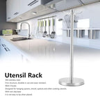 Stainless Steel Kitchen Utensil Holder, 360 Degree Rotating Utensil Rack with 5 Hooks, Kitchenware Storage Rack, Countertop Spatula Spoon Soup Ladle Holder