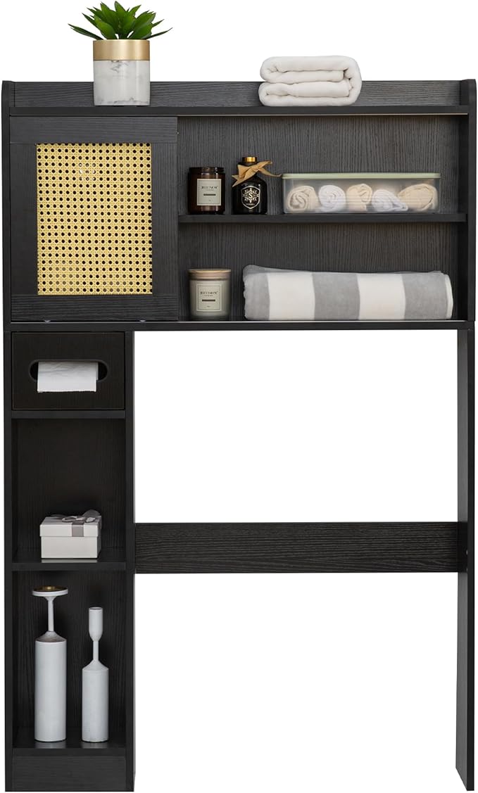 6Tier Over The Toilet Storage Cabinet, Freestanding Above Toilet Space Saver Rack w/Adjustable Shelves, Sliding Door, Multifunctional Over Toilet Organizer for Bathroom (Black)