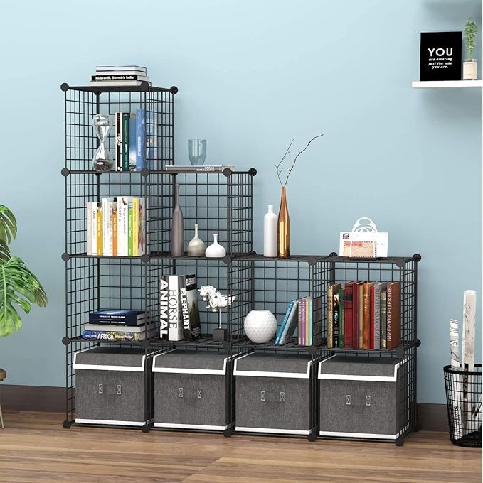 HUBSON Wire Cube Storage Organizer, Book/Toy/Craft/Potted Plants and petCloset Organizers and Storage Shelves, 12-Cube Freely Combinable Metal Grids Storage Shelf,Black Iron