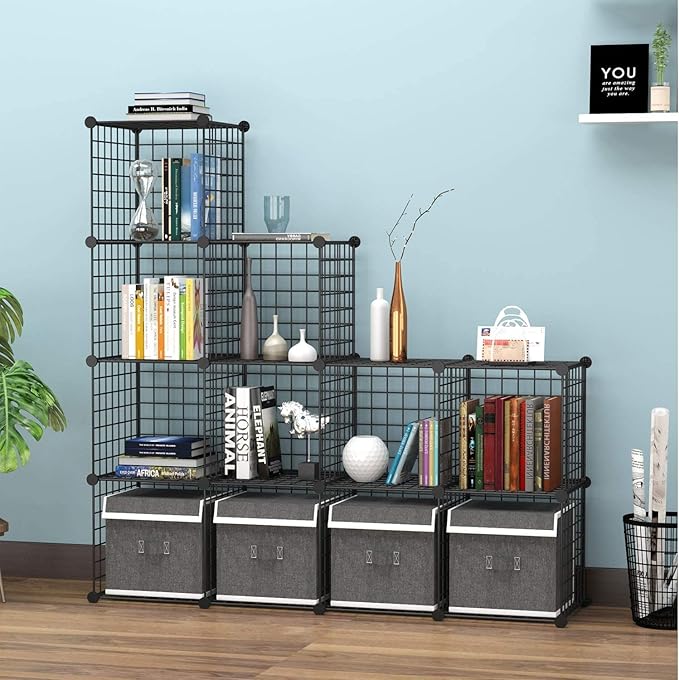HUBSON Wire Cube Storage Organizer, Book/Toy/Craft/Potted Plants and petCloset Organizers and Storage Shelves, 9-Cube Freely Combinable Metal Grids Storage Shelf,Black Iron