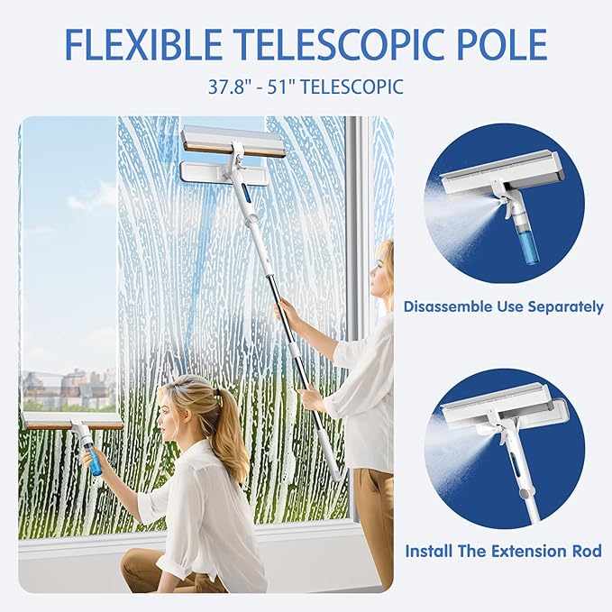 3 in 1 Window Cleaning Squeegee.Includes 9.6 inch Window Rubber Squeegee, Window Cleaning Tools,Cleaning Spray Bottle.37.8-51 inch Extension Rod.for Cleaning Windows, Bathroom Glass,Tile Walls